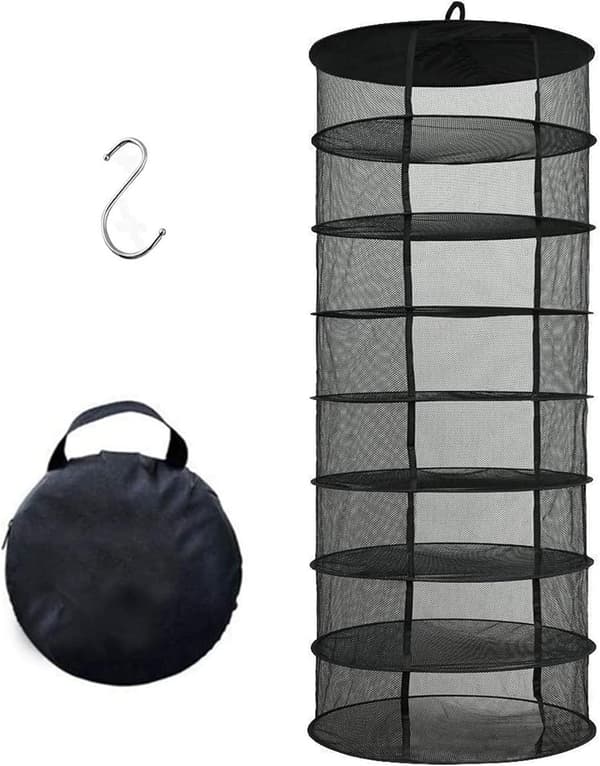 Hanging Drying Rack for Herbs, 60 cm 8-Layer Foldable Hydroponic Drying Net with Mesh, S-Hook and Storage Bag, Black (D61 cm x H155 cm)