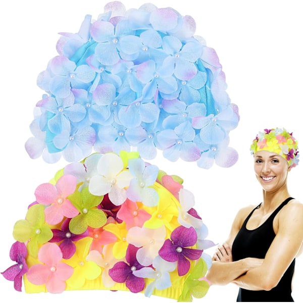 Petal Ladies Swim Cap: Blomsterbadekappe, Blomsterbadekapper, Stilig Badehette for Fletter og Dreadlocks (Farge og Blå)