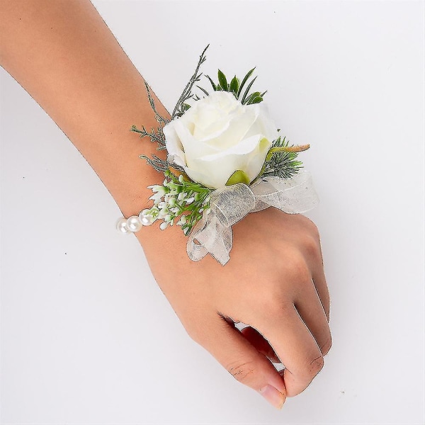 Bryllup Corsage håndledsblomster til brud og brudgom, håndledsblomster til brudepiger Hvid White