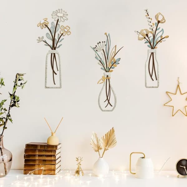3-pack metallväggkonst – Blommor, minimalistisk väggdekoration för vardagsrum, sovrum och badrum