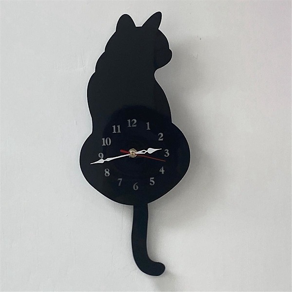 Svart kattpendel väggklocka, kattklocka med rörlig svans, kattgunga, fantasifull rolig väggklocka
