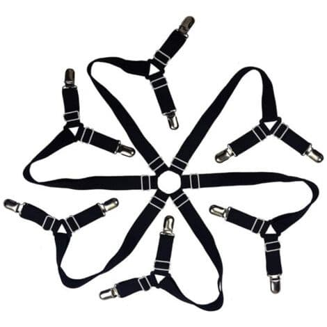 Adjustable Elastic Sheet Straps (Black 3-Way), Criss-Cross Sheet Holders, Fits Round and Square Mattresses.