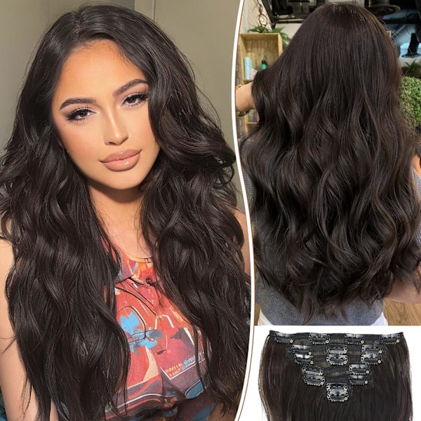Clip in Hair Extensions for Kvinner, 7 stk. 20 tommer Mørkebrune Hår Extensions Clip Ins Myke og Naturlige Hårdeler for Kvinner Tykt Langt Bølgete