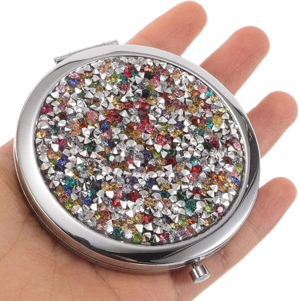 4 Pcs Portable Pocket Mirrors with Crystal Rhinestones, Double-Sided Round Compact Makeup Mirrors, Silver
