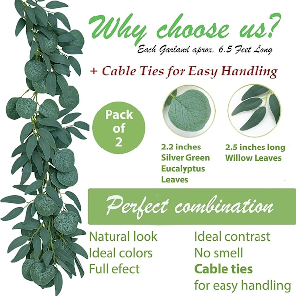 2-pakks - Kunstig Eucalyptuskrans med Pilranker, 6,5 fot lang grønn i Eucalyptus, Sølv Eucalyptusblader, Kunstig Krans av Grønt