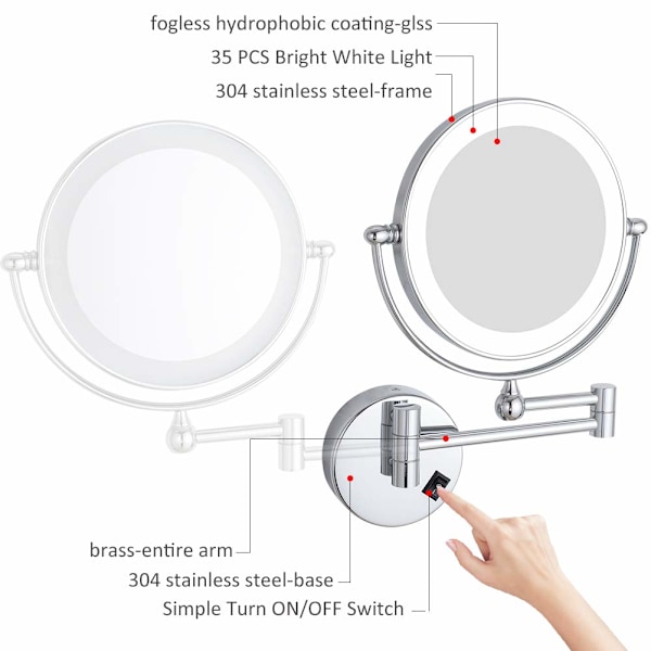 8 Tums LED-belyst Väggmonterad Smink Spegel med 7x Förstoring, Krom M1805D (8 tum, 7x) perfekt present till kvinnor & flickor