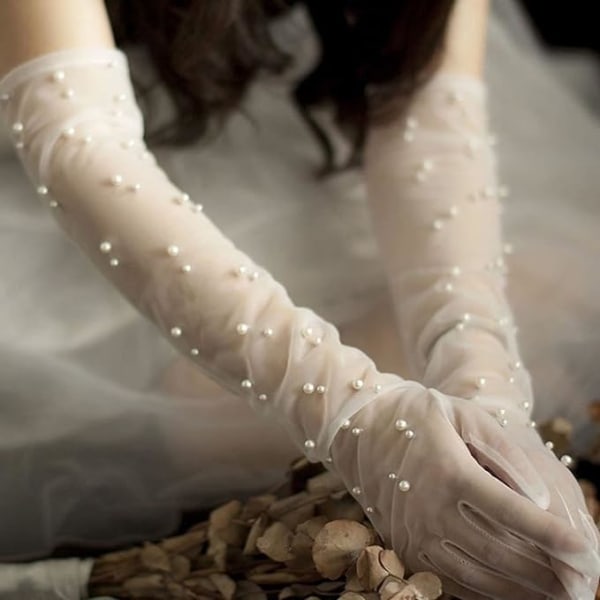 Bröllopshandskar för kvinnor, långa brudhandskar i tyll, vita spetshandskar, 1920-talsoperahandskar, skira handskar för brudar, vit,