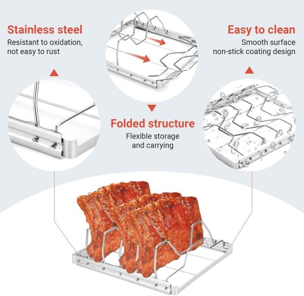 Røgestativ, foldbare grillstativer, rustfrit stål fire-rums grillstativ (til grillning, rygning og grilltilbehør), foldbare grillstativer