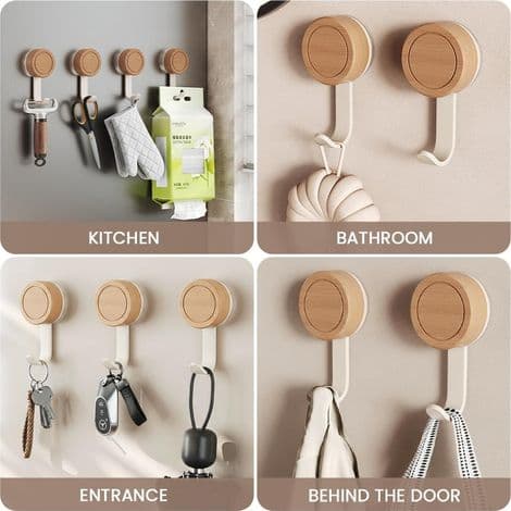 Bathroom Suction Cup Hook, 4 Wooden Self-Adhesive Wall Hooks, Reusable Self-Adhesive Wall Hooks, Ceiling Hook - White