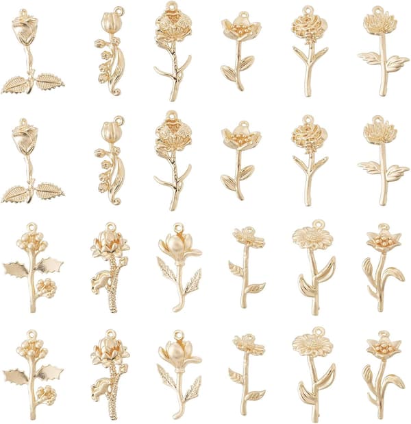 24 st gyllene blomsterberlocker, växtberlocker