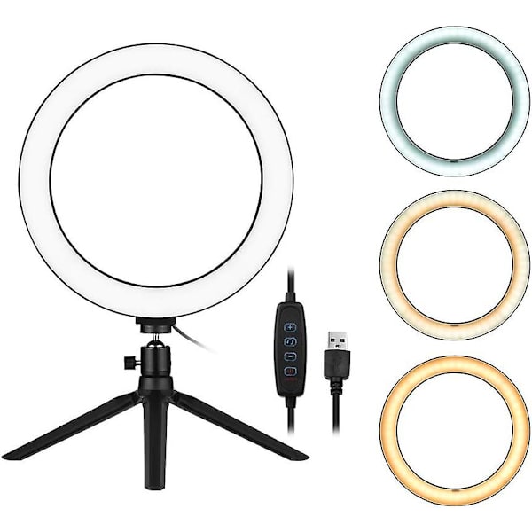 10 Tuuman LED-rengasvalo Tripod-jalustalla 3200k-5500k Himmennettävä Pöytäkamera Valo Lamppu 3 Valotilaa & 10 Kirkkausastetta Youtube-videolle Kuvaus Stud
