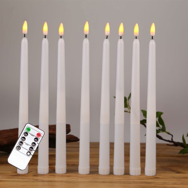Flammeløse elfenbenskoniske lys flimrer med 10-tasters fjernkontroll, batteridrevet ekte vokspakke med 8, juledekor for bryllup