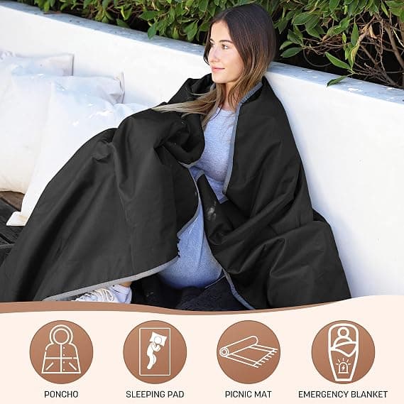 Waterproof Outdoor Blanket with Sherpa Lining, Windproof Triple Layer Warm Comfortable Foldable for Camping Stadium, Beach, Picnic, Grass, 150*200cm