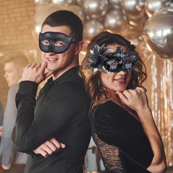 Parmask for par, polyvinylklorid, Halloween-kostyme, Mardi Gras-maske for par, kvinner og menn, svart