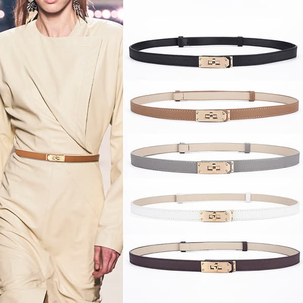 White Slim Leather Strap for Women, Classic Solid Color Alloy Belt