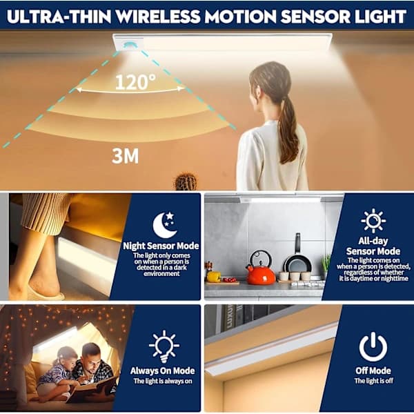 LED Kitchen Lighting, Wireless USB Rechargeable Wardrobe Light, 6000K LED Under Cabinet Lighting, Magnetic Dimmable with Motion Sensor (20cm * 2-pack)