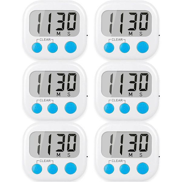 6 Pak Digitale Køkken Timere til Madlavning Magnetisk Timer til Madlavning Høj Alarm Hvid Spisebord Timer