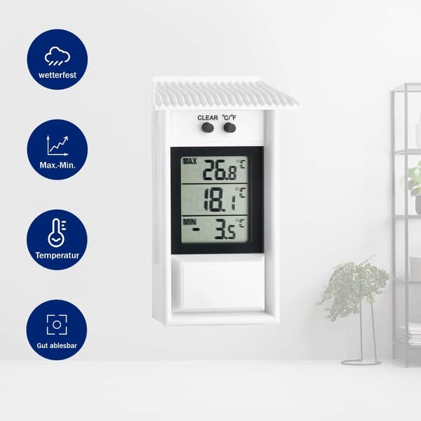 Maximum-Minimum digital termometer, 30.1053, väderbeständig, lämplig för inom- eller utomhusbruk, vit