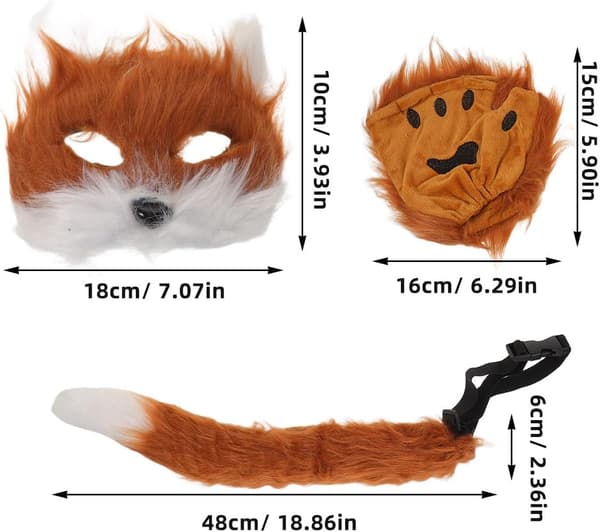 Fox Cosplay Set with Brown and White Plush Mask, Tail, and Gloves