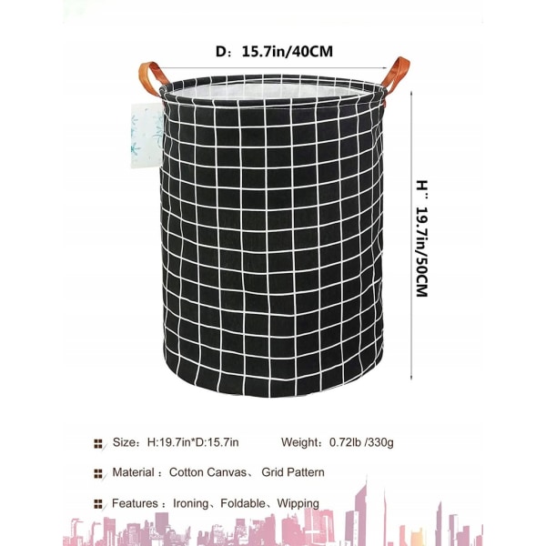 Tykk Vaskeromskurv - med Slitesterkt Lærhåndtak, Vanntett Rund Bomullslin Foldbar Oppbevaringskurv (Svart L)