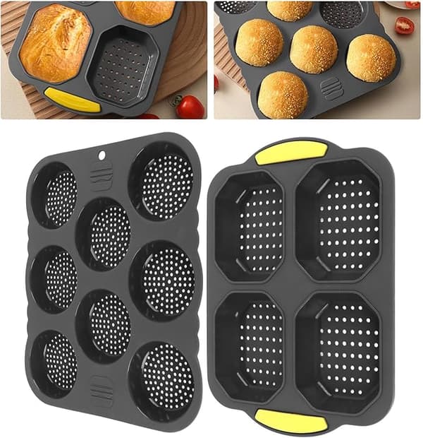 Fockety 8+4 Hull Hamburgerbrød Silikonform, Perforert Nonstick Hamburgerbrødform Rund Bakeplate med Holder Brødbaker for Baking
