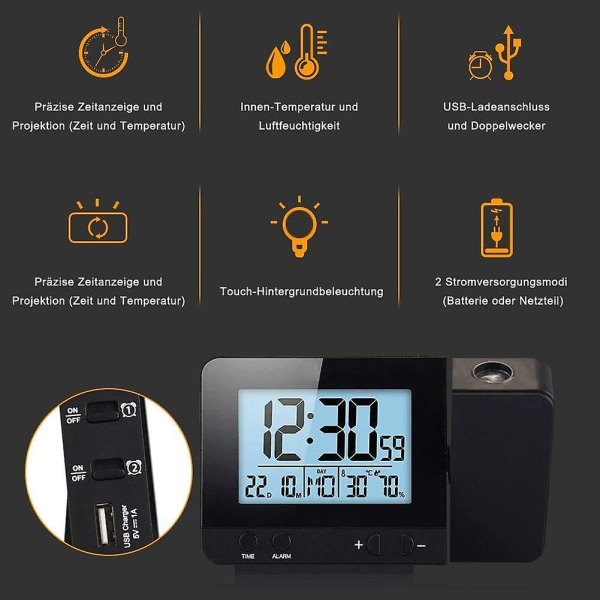 Projektionsväckarklocka, Reseväckarklocka med Projektion USB-anslutning Inomhustemperatur och Luftfuktighet Bordsklocka Snooze-funktion