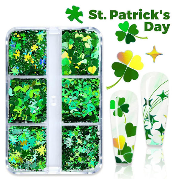 6 Rutor St. Patricks Day Nagelkonst Glitter Sekvenser, 3D Holografiska Shamrock Nagelflingor, Naglar Konst Dekaler För Kvinnor Flickor