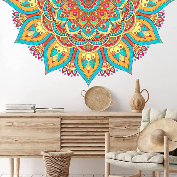 1 st Halv Mandala Väggdekaler Stor Boho Mandala Blomma Väggdekaler Färgglada Boho Blommiga Väggkonst Dekal för Sovrum
