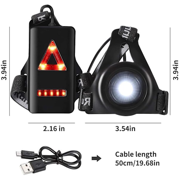 Løpelys - 3 Moders USB-oppladbart Kroppslys Med Baklys Og Justerbar Stropp - For Natteløpere, Joggere, Fotturer, Camping