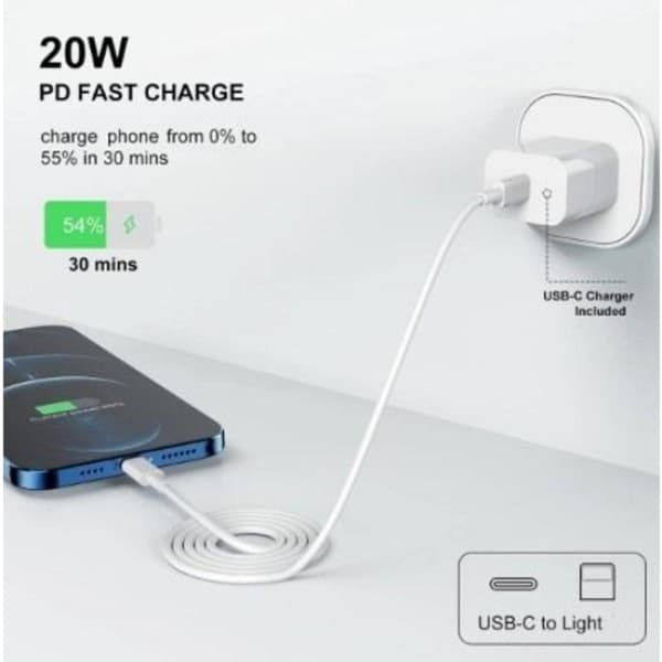 iPhone hurtigoplader USB-C strømadapter 20W + 2m kabel Hvid (1 stk)