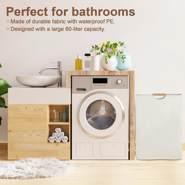 Foldable laundry basket, cotton linen 36L washable space-saving storage basket for bathroom bedroom laundry room, white