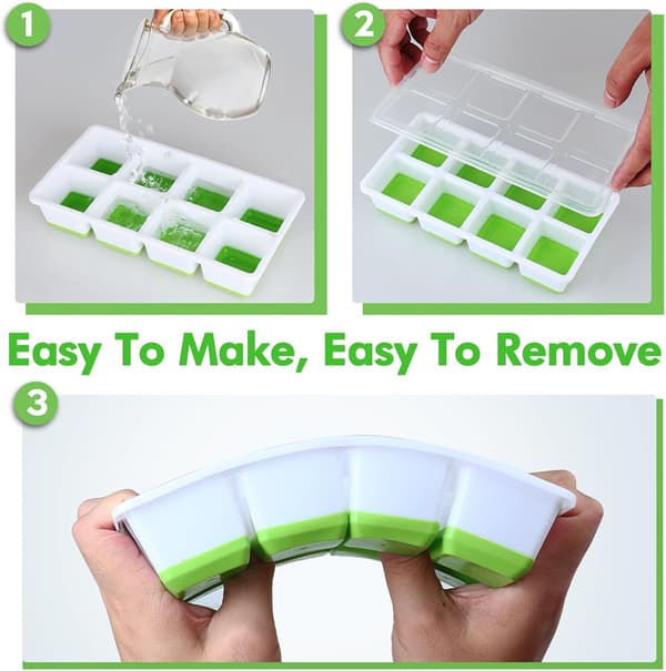 Large Ice Cube Tray with Lid and Container Large Square Silicone Ice Cube Molds for Freezer 3-Pack Stackable Big Ice Cube Trays with Ice Tongs