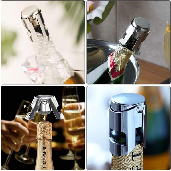 Champagnekorke, 4-pak vakuumforseglede rustfri stålpropper til mousserende vin