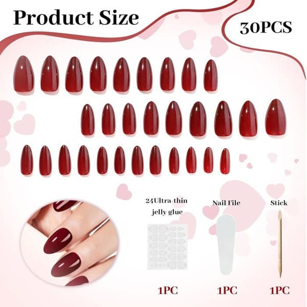 False Nails - Ulisem - Burgundy - Reusable - Almond Shaped - Complete Kit