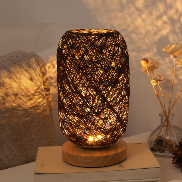 Moderne nattbordslampe i bambus og rotting bordlampe trefot kreativ moderne personlig dekorasjon, dimbar LED-lampe, stue r