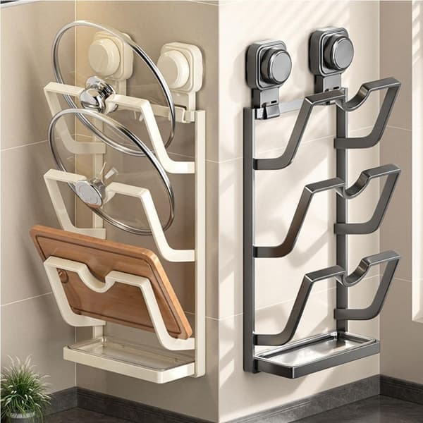 Metal Lid Rack, Cutting Board Rack with Suction Cup, Wall-Mounted Multi-Layer Storage Rack, Kitchen Utensil Rack (Grey, 6.3 * 3.1 * 16.9) [Ho]