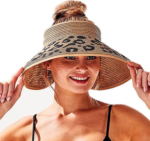 Solhatt med bred brem for kvinner, sammenleggbar, sammenleggbar, med hestehale