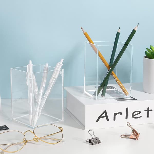 2 Square Acrylic Pen Holders, Transparent Acrylic Pen Holder