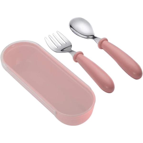 Barneutstyr skje og gaffel Baby bestikksett i rustfritt stål Barnebestikk med reiseveske (rosa)