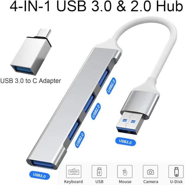 USB-hub, 4 porte USB 3.0 Multi USB-hub, USB C-hub 5 Gbps adapter bærbar multi data-hub adapter
