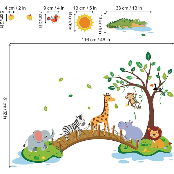 Djungel Eläimet Seinätarra Elefantti Giraffi Leijona Sillalla Seinäkoriste Makuuhuone Lapset Vauva Lastenhuone