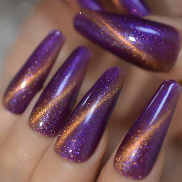 Charmiga Lila Lösnaglar Galaxy Shimmer Glitter GEL Naglar Handmålade Nagelkonst Tips Lång Ballerina Press-on Naglar Fingernaglar 20