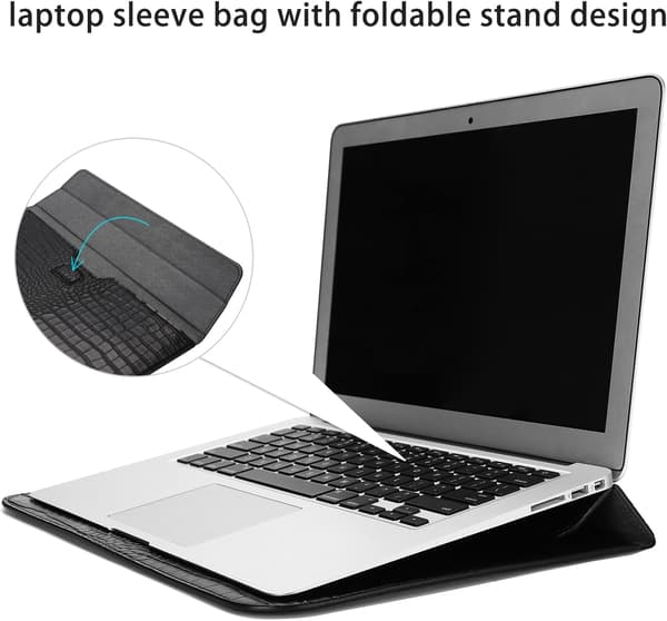 Laptop Sleeve til 14 tommer, Krokodilskindsmønstret PU-læder Flip Case, Sort