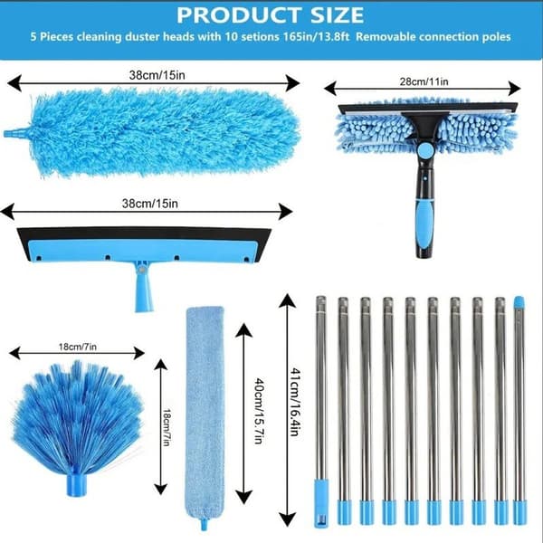 Telescopic Window Squeegee and Duster with Long Pole for High Windows, Ceilings, Furniture - Blue