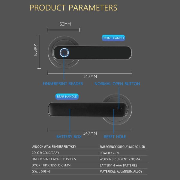 Fingeravtrykk Smart Dør Lås, Nøkkelfri Bluetooth Dørknapp, Biometrisk Låse Dør Lås Opplåsing Ved Fingeravtrykk