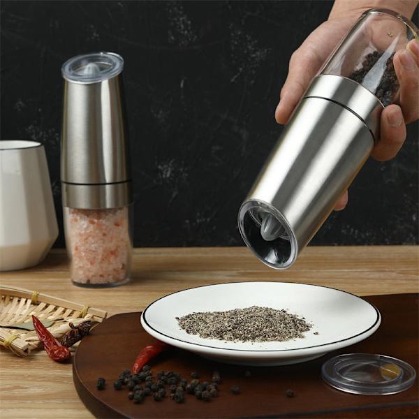 Gravity Salt- og Pepperkvernsett, Pepperkvern med Keramisk Rotor, Akrylbeholder, Rustfritt Stål Midt, Blå LED