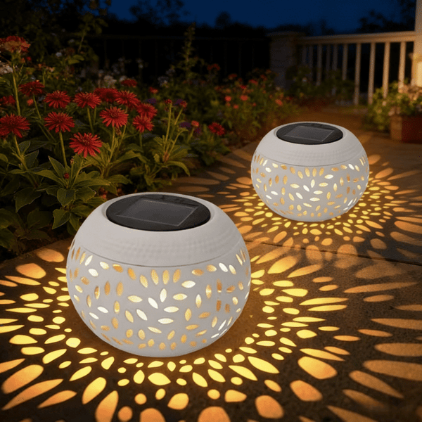 Solar Powered Metal Table Lamp with Dotted Pattern, for Indoor and Outdoor Use 2 White 2 White