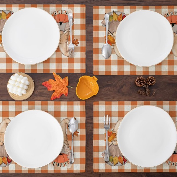 Höstunderlägg för matbord Orange Buffalo Rutig bordstabletter Set med 4 Farmhouse Thanksgiving Höstdekorationer för
