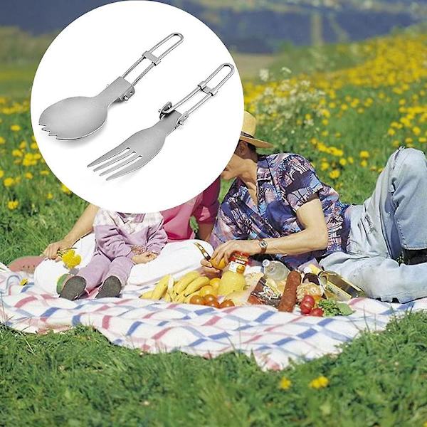 Folding Gaffel og Skje Sett Utendørs Camping Bestikk Bærbar Titan Folding Spork og Skje for Piknik Vandring BBQ Utendørs Reise (2stk, Sølv)