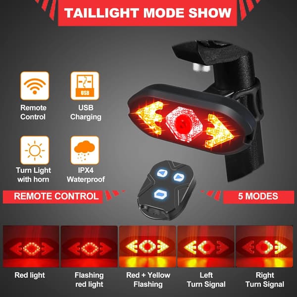 Remote Control Bicycle Taillight, Flashing LED, USB Rechargeable Taillight, Bicycle Safety Warning Light